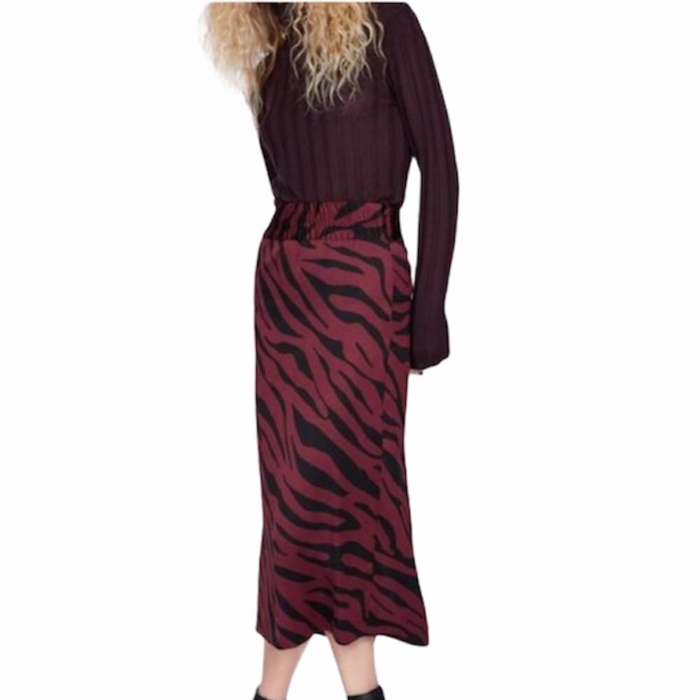 NWT Zara Zebra Black and Burgundy Midi Skirt